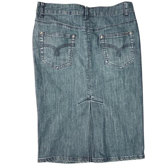 Rima Karen Denim Jean Pencil Knee Length Skirt with Back Pleat Slit Ladies Sz 4 - Picture 4 of 5